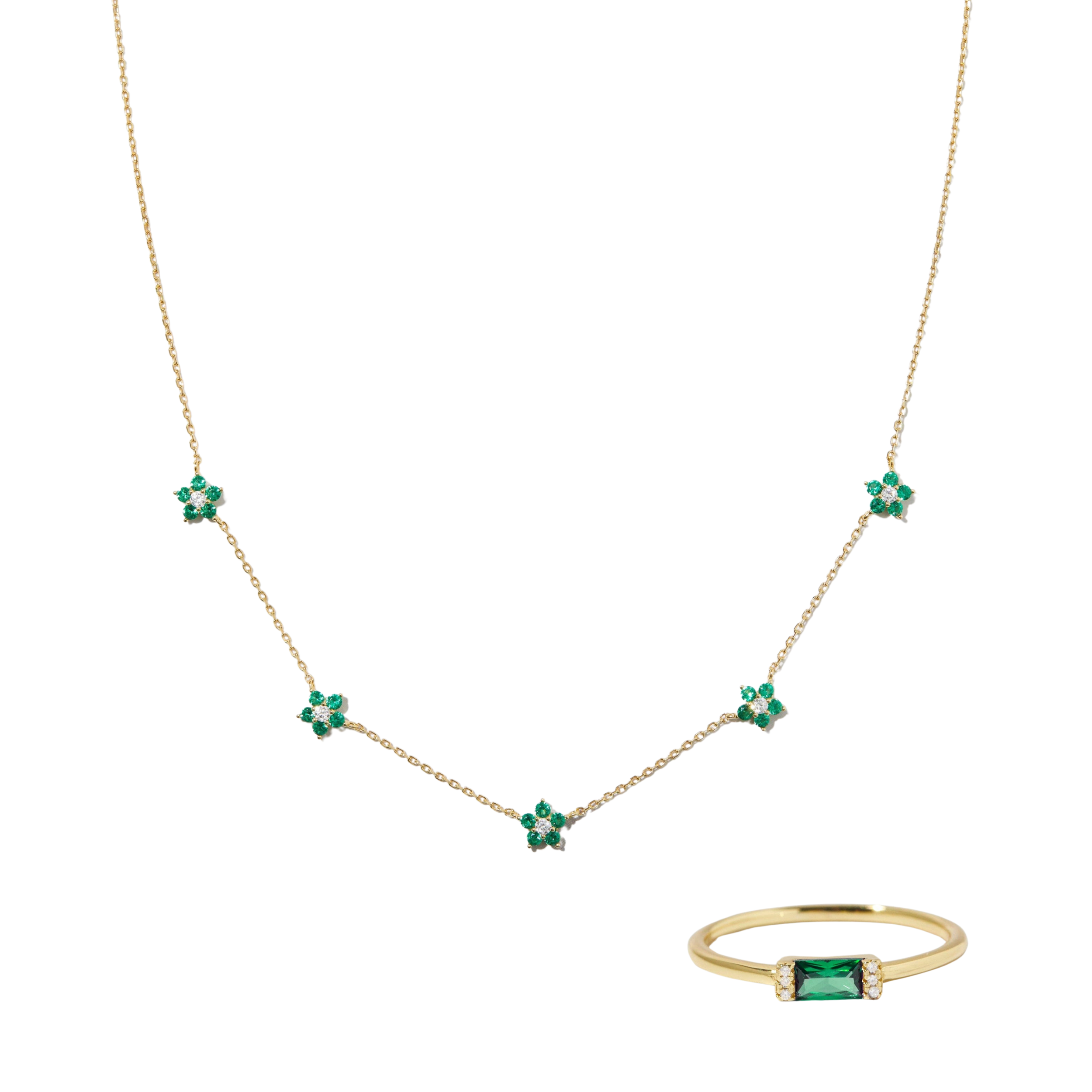 Emerald Flower Necklace + Simple Baguette Ring - GIFT SET