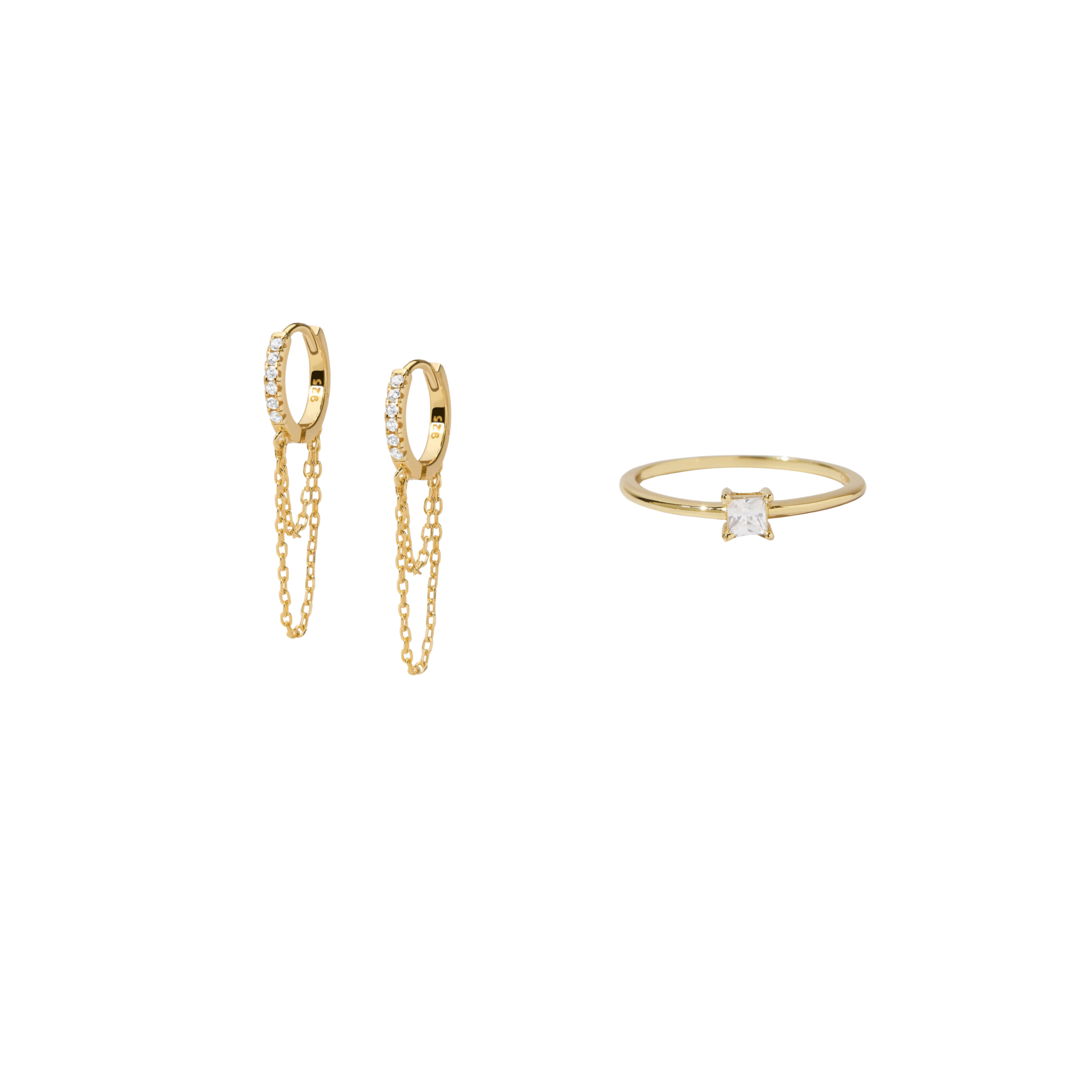 Princess Cut Dainty Ring + Chain Link Huggies - GIFT SET