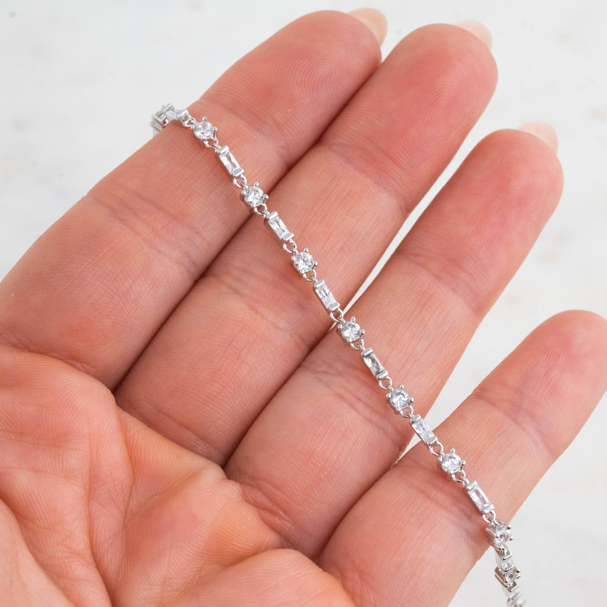 Baguette & Solitaire Diamond Bracelet: Silver / 6.25" + .5" Ext