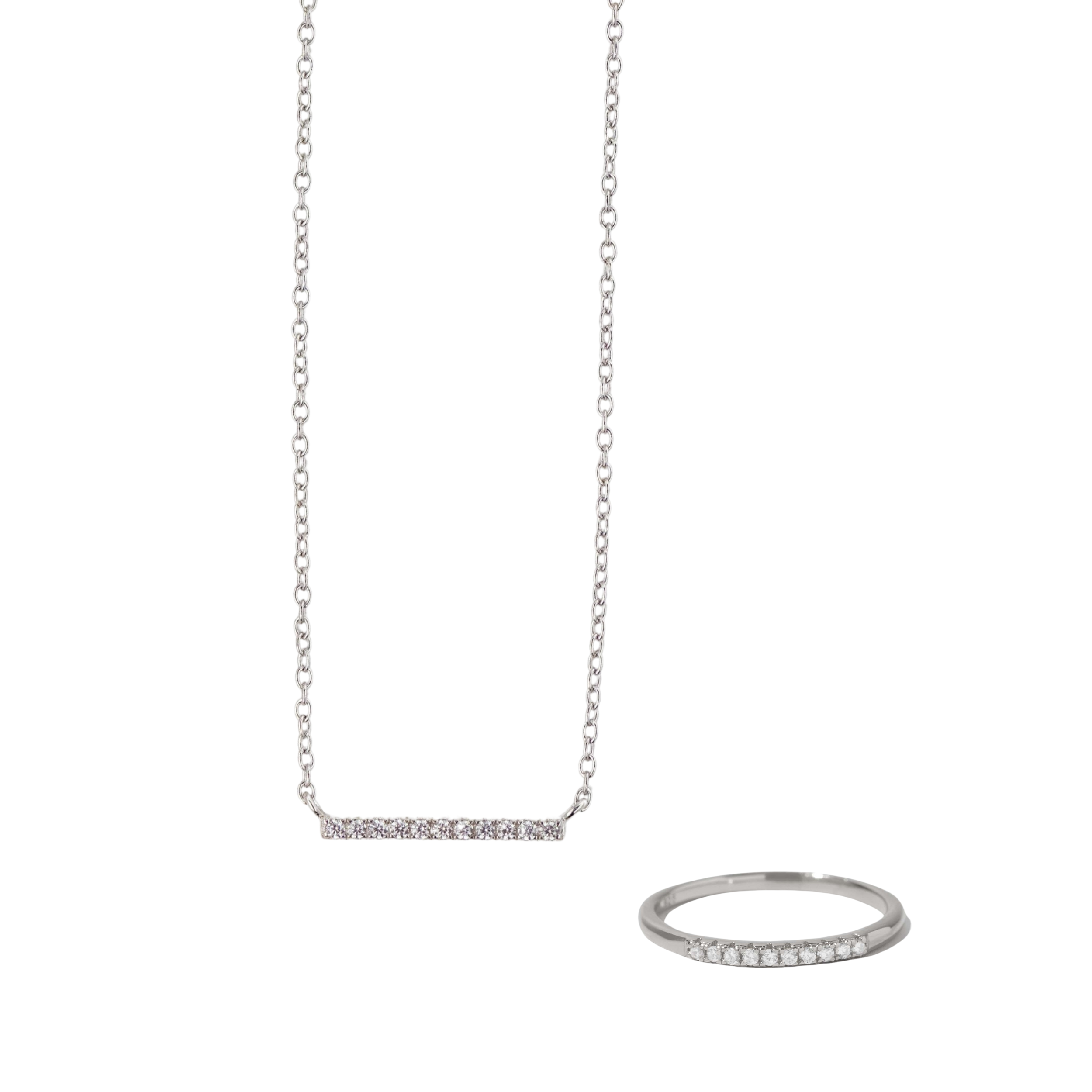 Silver Dainty Bar Necklace + Pavé Ring: Silver - GIFT SET