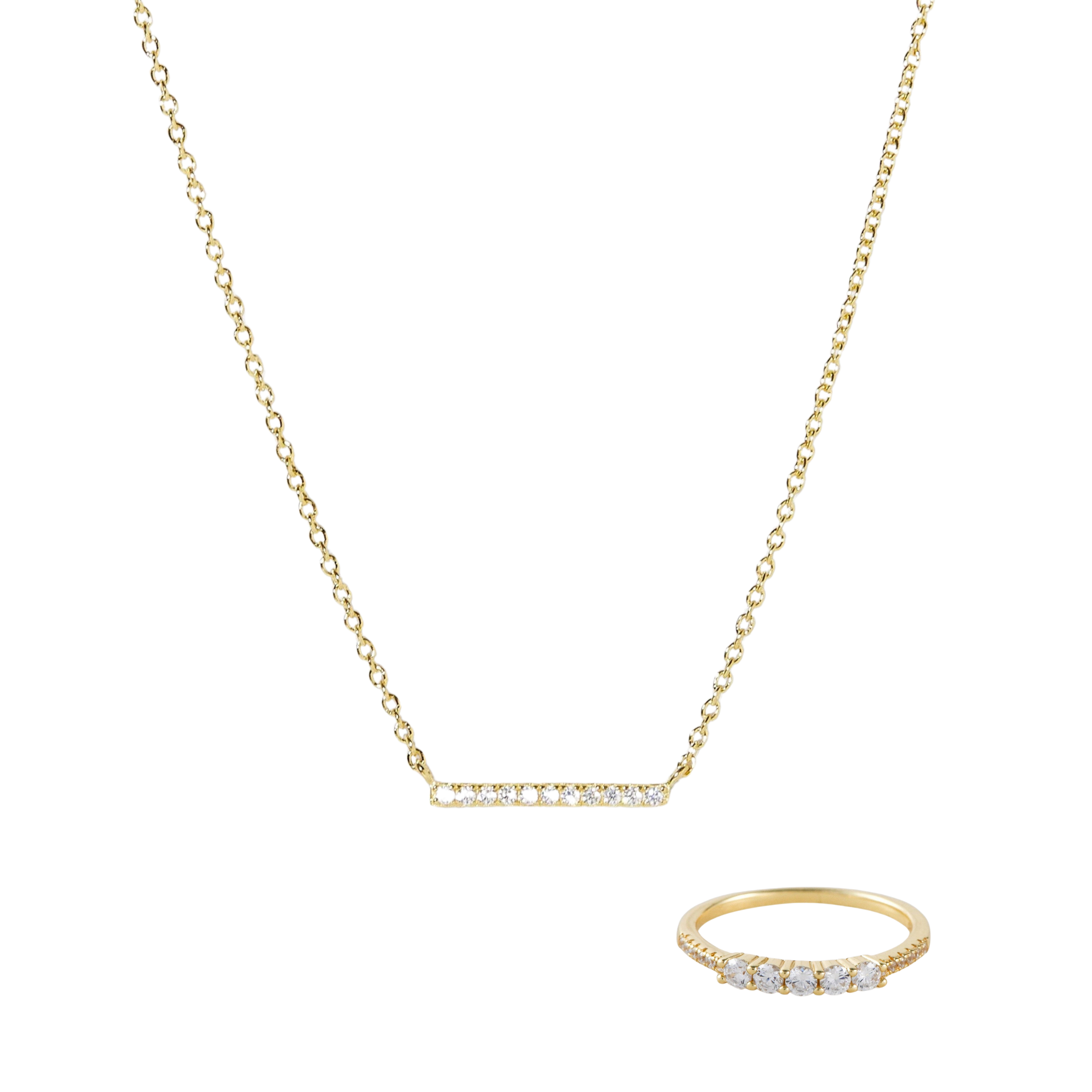 Gold Dainty Bar Necklace: 5 Stone CZ Ring: Gold - GIFT SET