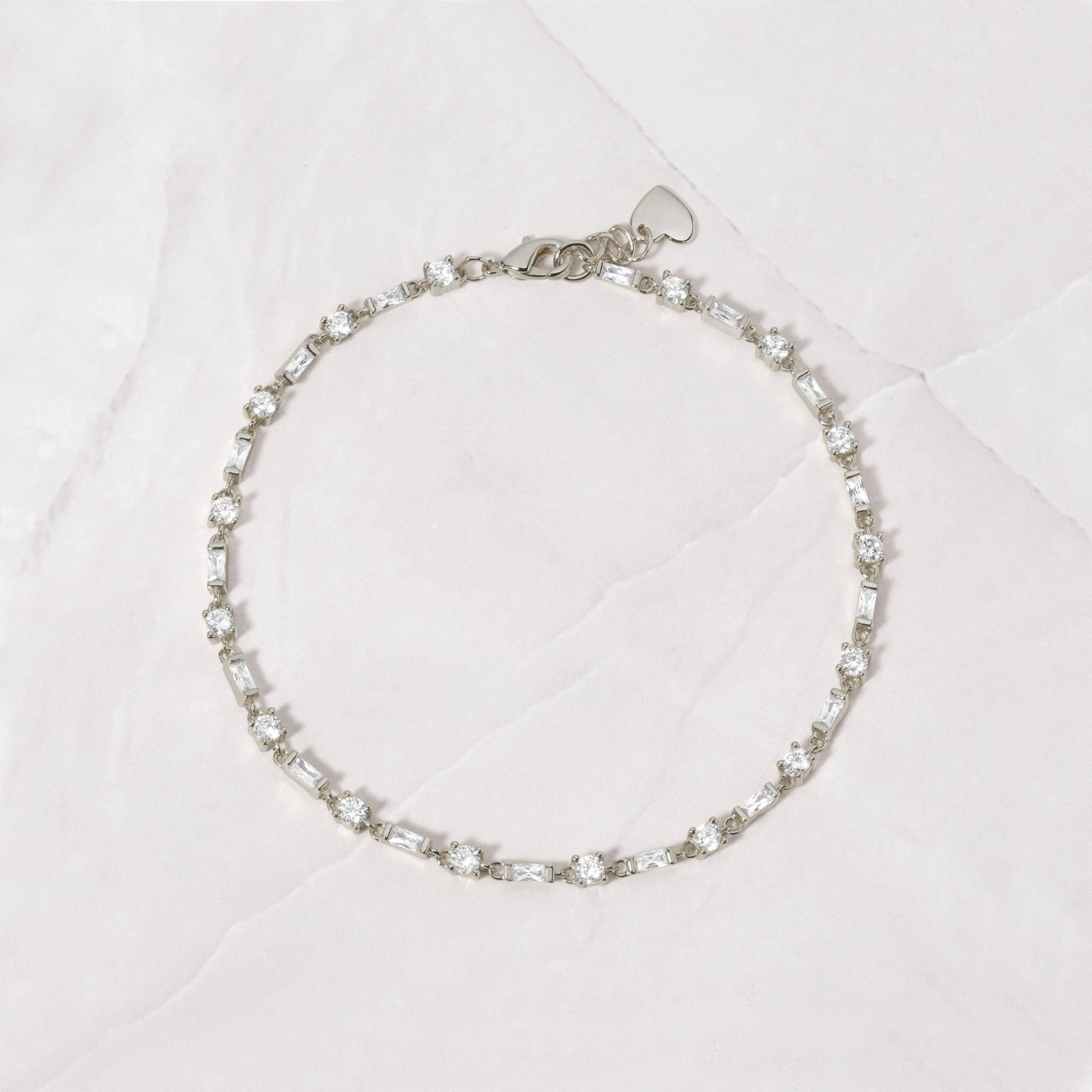 Baguette & Solitaire Diamond Bracelet: Silver / 6.25" + .5" Ext